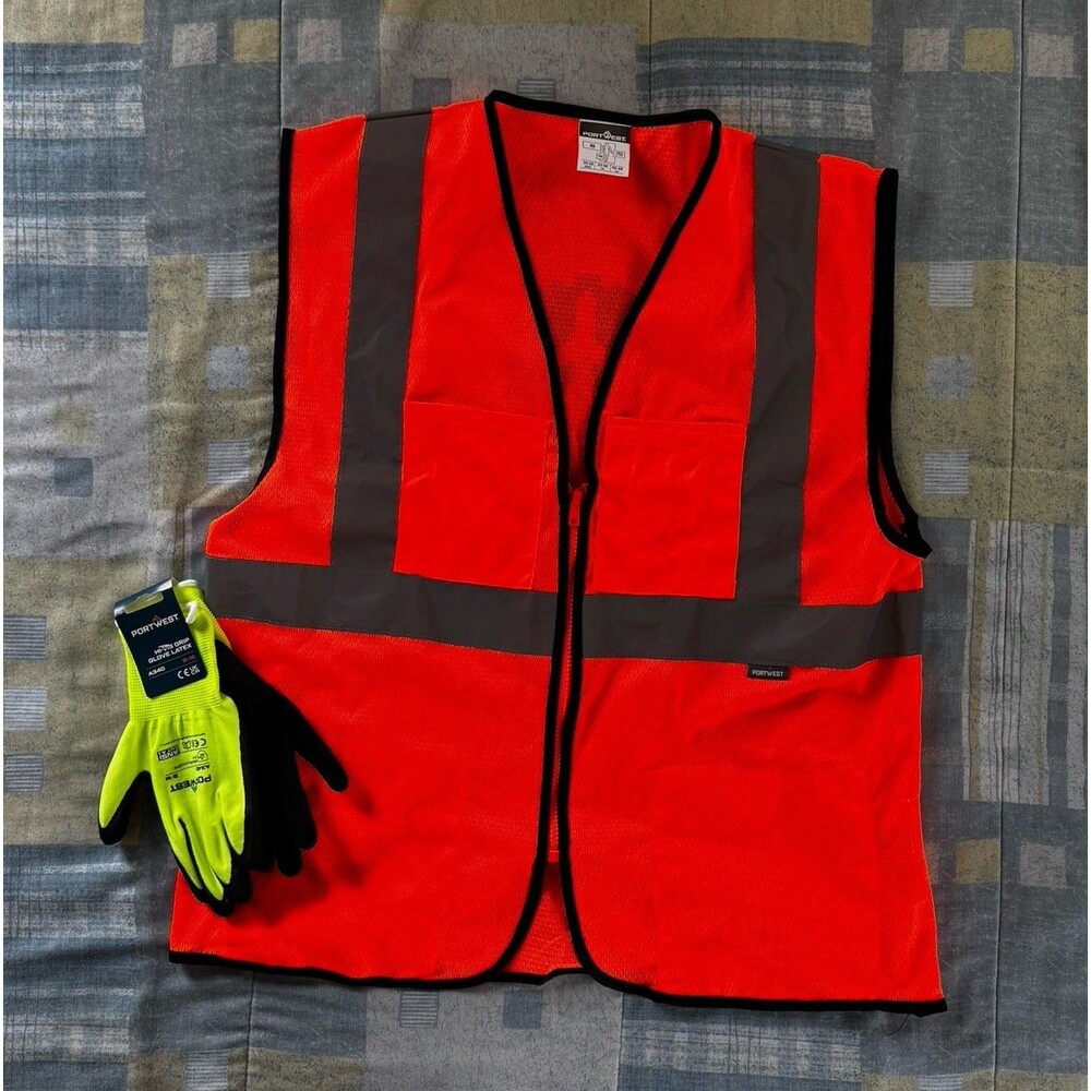 Portwest Reflective Orange Mesh Work Men's Vest Sz S & Neon Green Safety Gloves